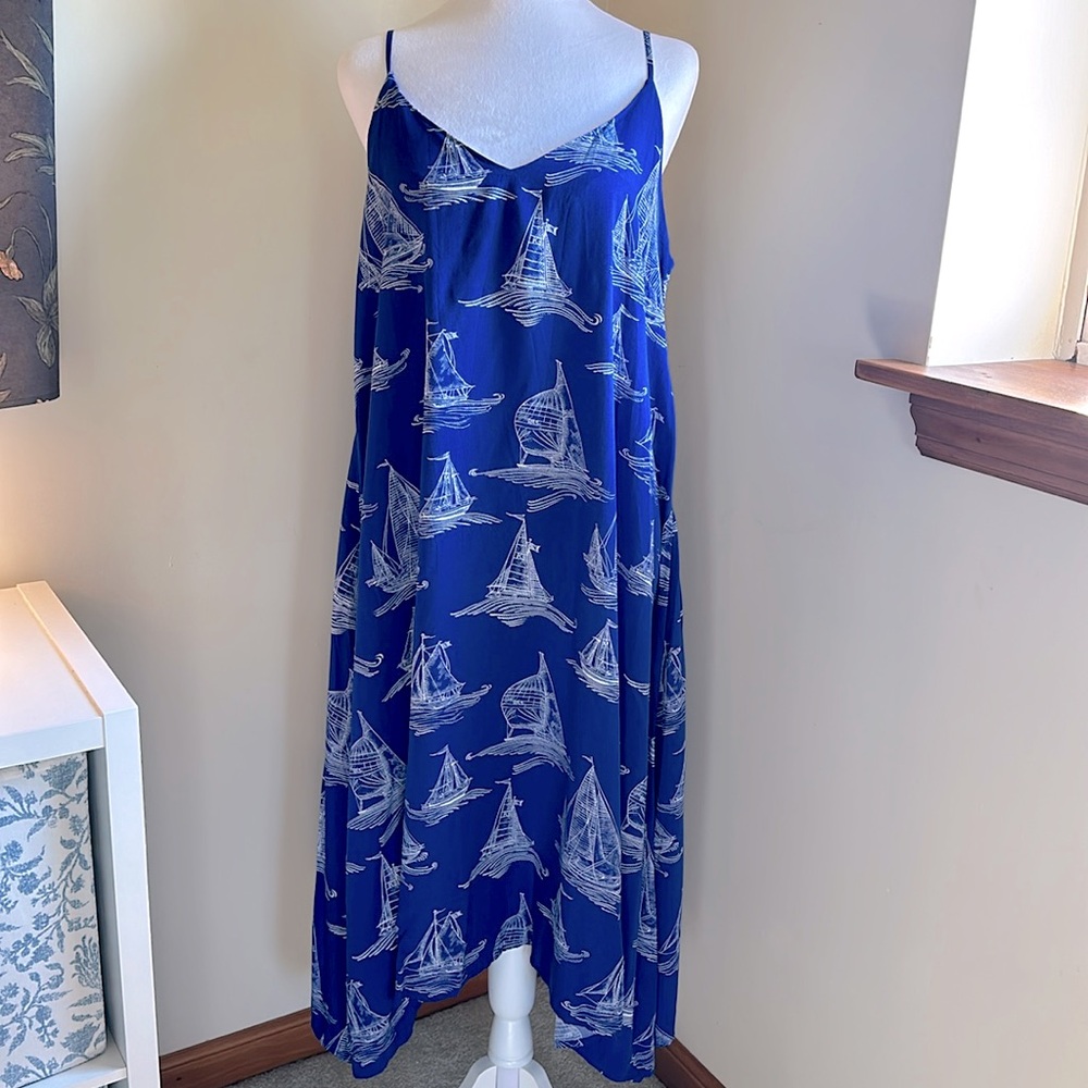 Antibes Blanc Blue and White Sailboat Spaghetti Strap Dress in size Medium